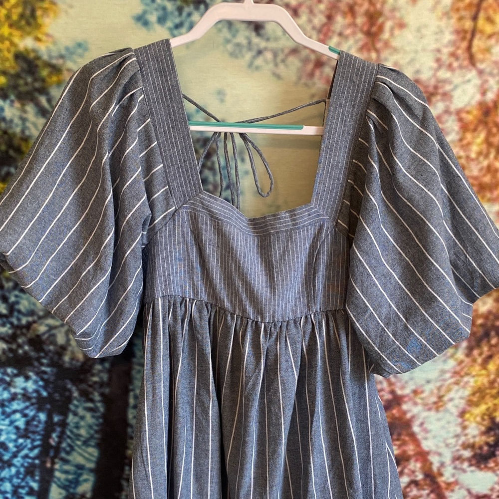 Free People blue and white Striped Mini Dress open back puff sleeves denim like - Picture 12 of 12